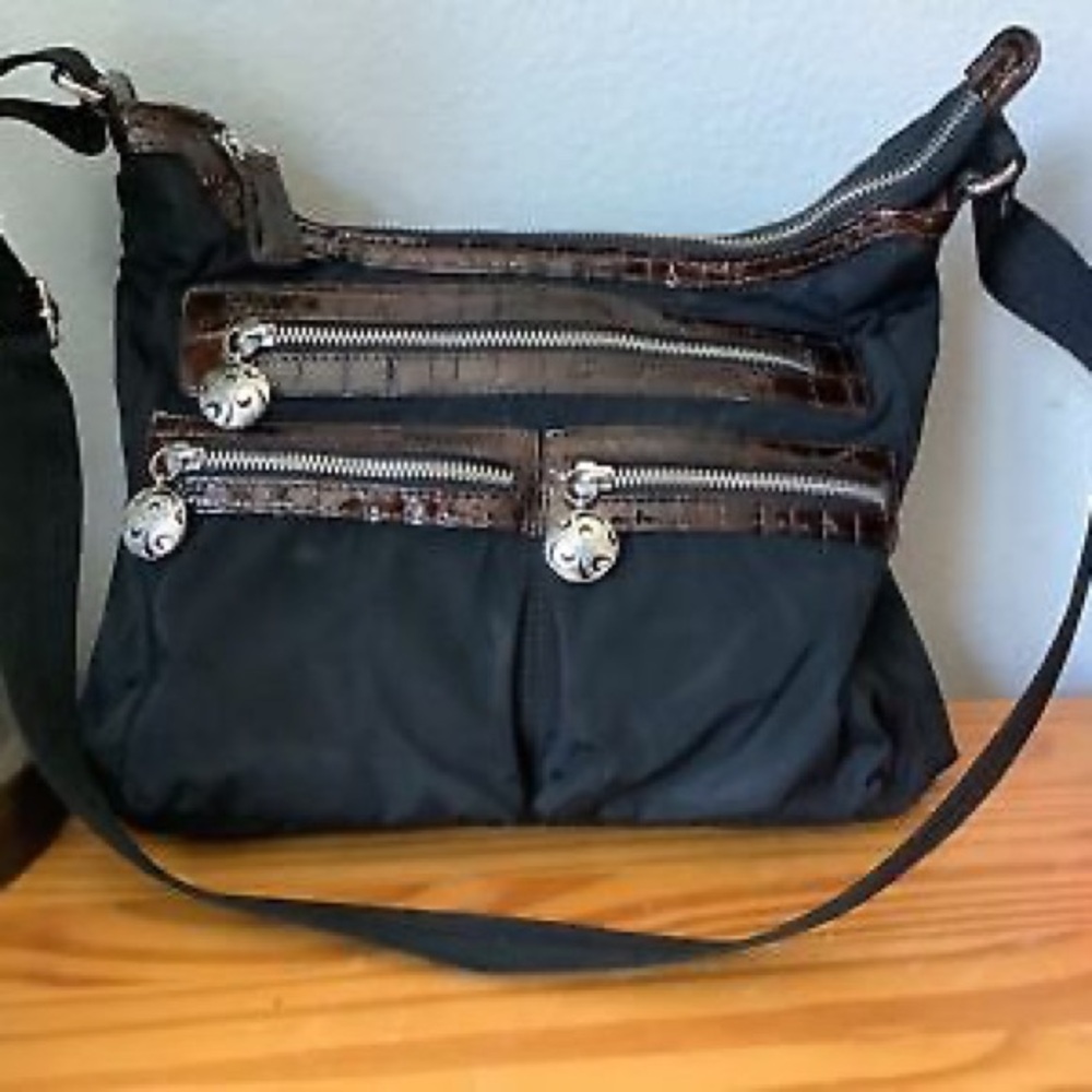 Brighton Black Go-Go Nylon & Croc Print Leather Crossbody Handbag.
